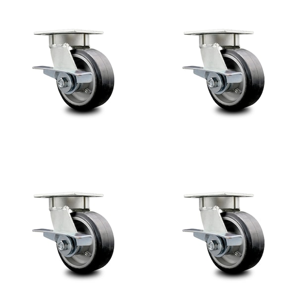 5 Inch Kingpinless Rubber on Aluminum Wheel Swivel Caster Set with Brakes SCC